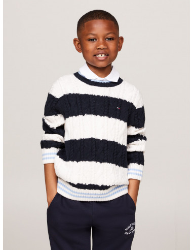 COLOUR-BLOCKED CABLE KNIT STRIPE JUMPER