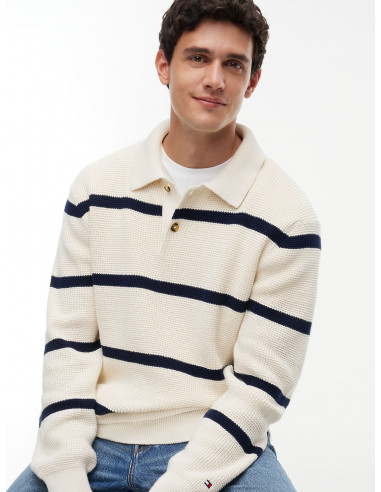 Waffle-Knit Striped Relaxed Rugby Jumper