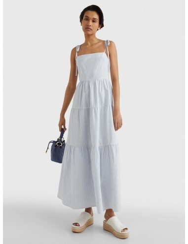 VERTICAL STRIPE TIERED MIDI DRESS